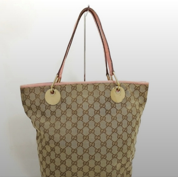 GUCCI Vintage Monogram Tote Brown/tan canvas & pink Leather trim - Picture 3 of 16